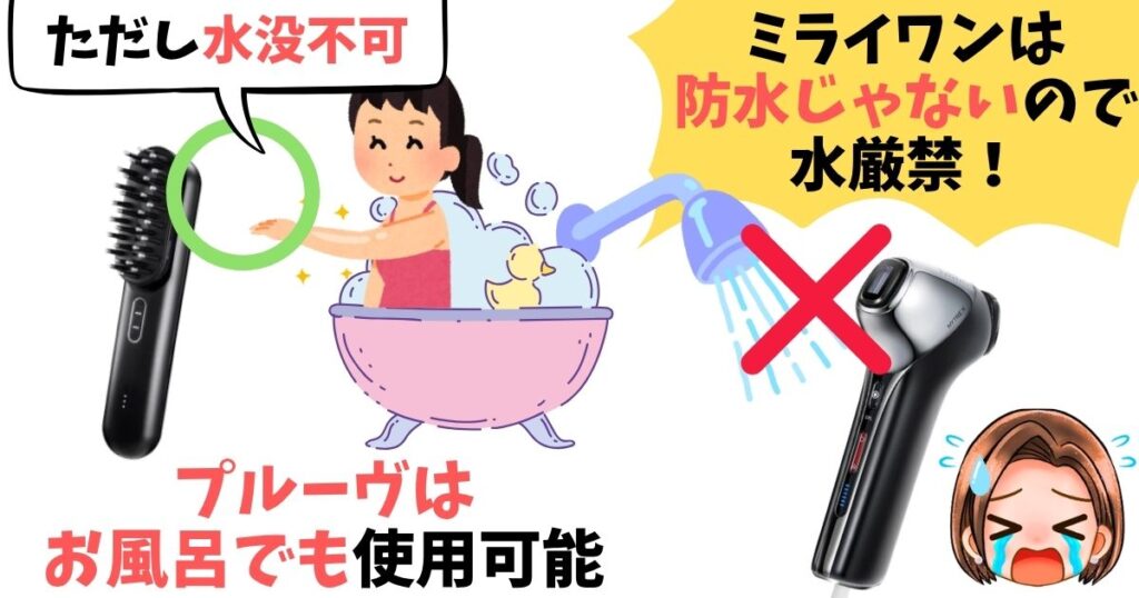 防水性能：プルーヴはお風呂で使用可能、ミライワンは防水機能なし