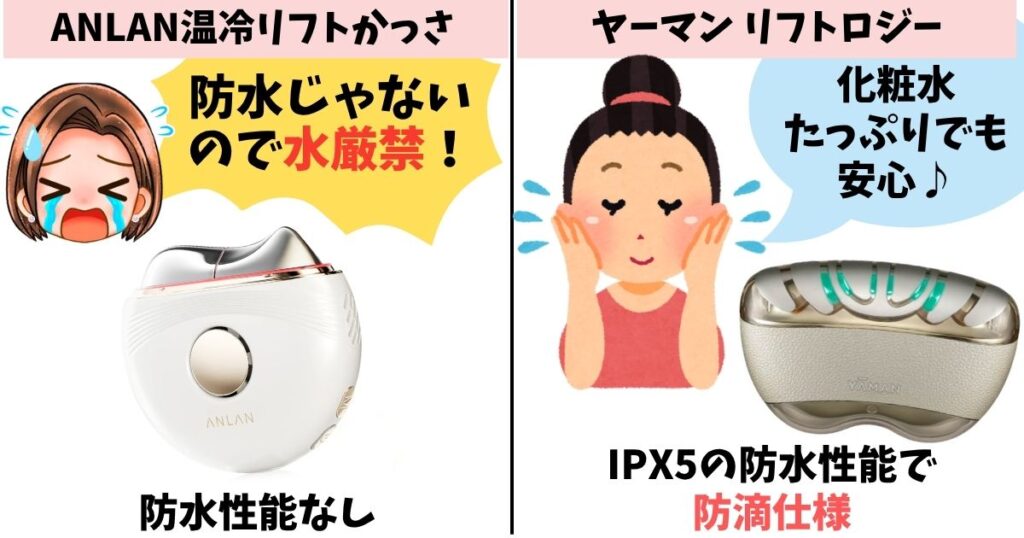 防水性能:リフトロジーはIPX5、ANLAN 温冷リフトかっさは非防水