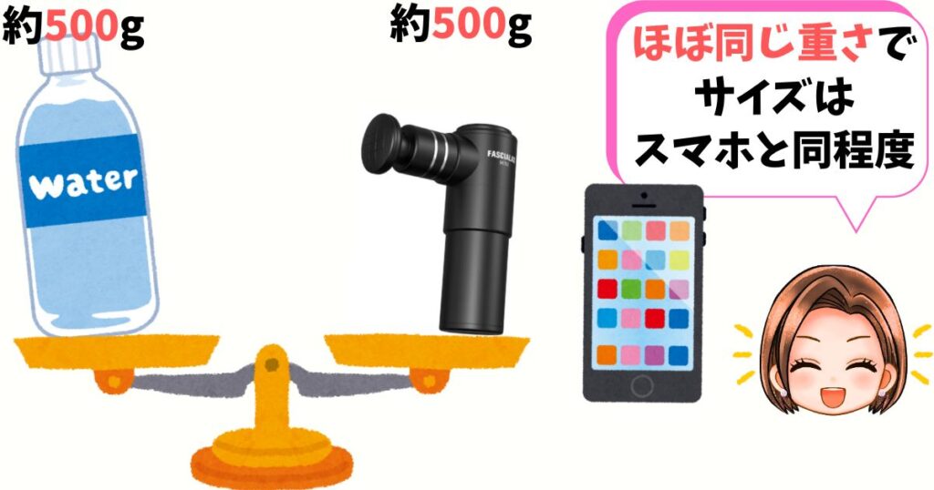 ニップラックス筋膜リリースガンは本体が約500gなのでペットボトル飲料と同じくらいの重量