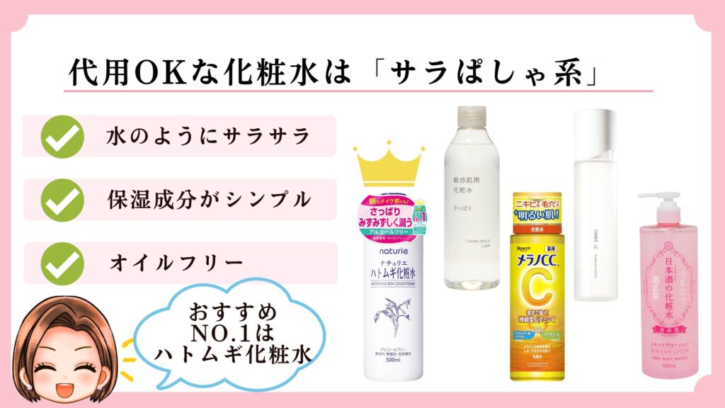 代用OKな化粧水の特徴は「サラぱしゃ系」